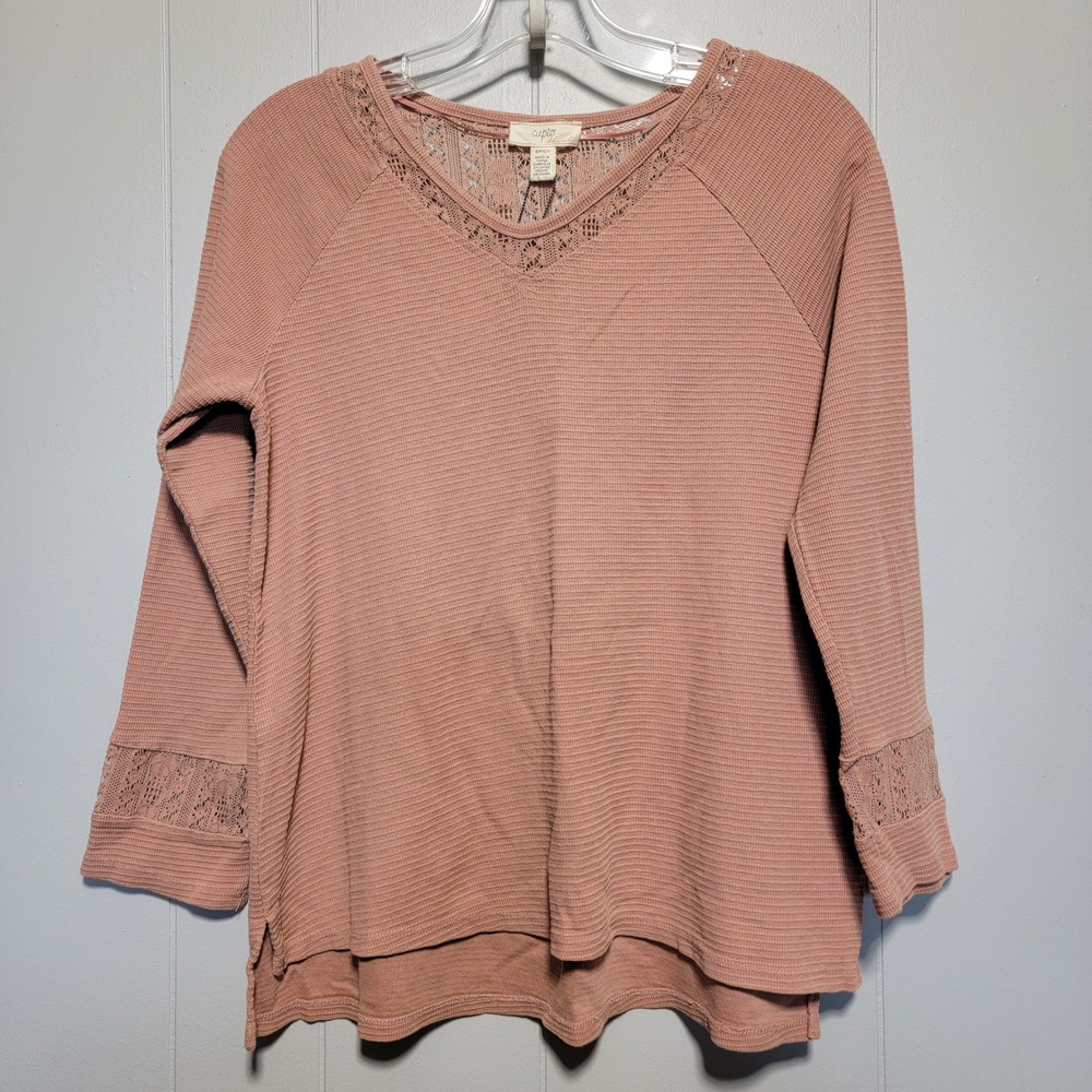 Cupio Blush Womens Waffle Knit Lace Trim V-Neck Top Bella Blush Pink MXIY889 S